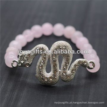 Atacado Natural Gemstone Rose Quartz Com Prata Diamante Serpente Pulseira